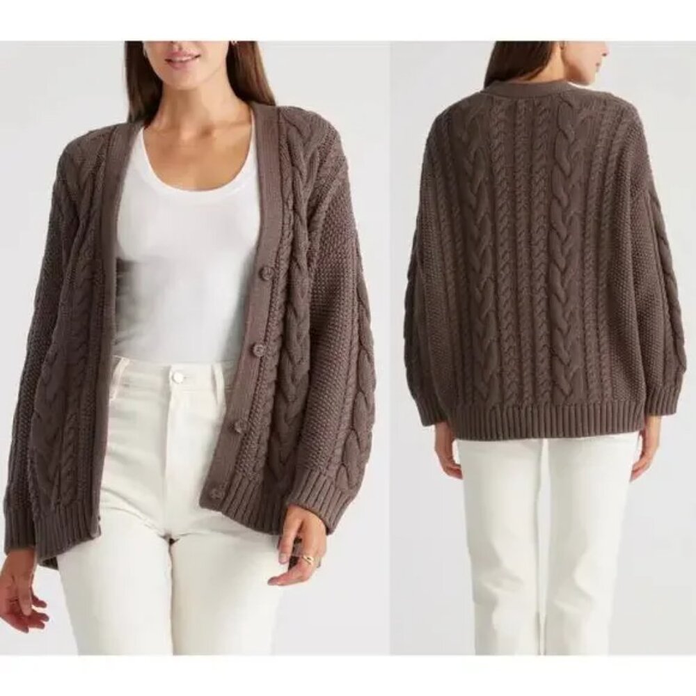 Quince Organic Cotton Oversized Cable Knit Cardigan Brown Size M 90s chic cozy - Picture 2 of 15